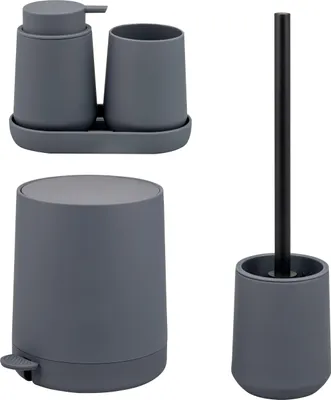Immagine prodotto di Set da bagno eluno TESERO 5 pezzi con dispenser per sapone, bicchiere, ciotola, cestino per cosmetici da 4 litri e set WC in plastica grigia