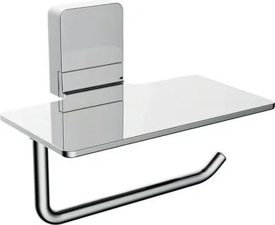 A chrome toilet paper holder with a small shelf.