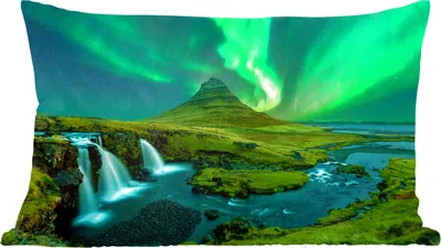 Produktbild von MuchoWow® Zierkissen Sofakissen Wohnzimmer Dekokissen 60x40 cm Nordlichter - Wasserfall - Berg - Island - Kopfkissen - Polster mit Foto