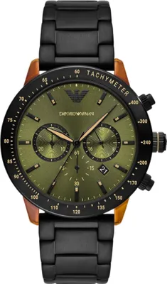 A close-up studio shot of an Emporio Armani chronograph watch.