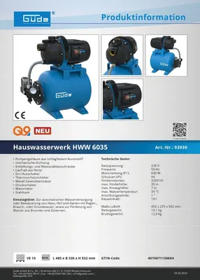 Güde Wasserautomat Pumpe Hauswasserwerk HWW 6035 19 Liter Kessel 3200 l-h Garten Regenwasserpumpe Brunnen Teich Haus Hof Zisterne Bewässerung Auspumpen  günstig online kaufen 396832 93930 4015671136664 Stabilo-Fachmarkt.de