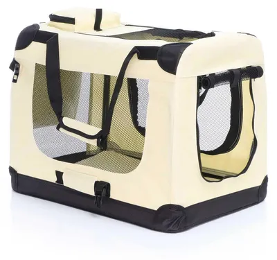 Productafbeelding van Opvouwbare transportbox voor huisdieren - Beige, maat M (60 x 42 x 44 cm) met draaghandvat en afdekking