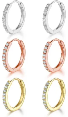 Produktbild von 3 Paar Creolen Silber 925, Gold, Roségold, 12mm, Zirkonia, Hypoallergen
