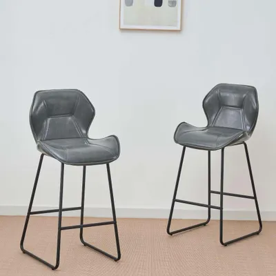 Produktbild von 2er Set Barhocker aus Kunstleder mit Rückenlehne, Metallgestell & Fußstütze, Grau, 48,5x47x91,5cm