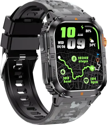 Produktbild von Intelligente Sportuhr mit Fitness-Tracker, LED-Taschenlampe, 2,0-Zoll-Bildschirm, über 100 Sportmodi, BT-Anruffunktion, Camouflage-Schwarz
