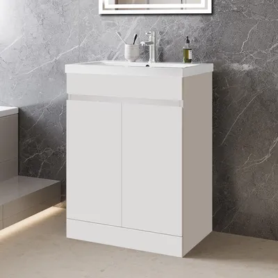 Produktbild von 60cm Badmöbel-Set Standschrank dick Keramik waschtisch mit Unterschrank Badezimmerschrank mit Tür soft-close Weiß Matt Selbstmontierter
