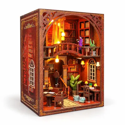 Imagen del producto de THAR Book Nook: Rincón de lectura en forma de biblioteca – Kit de construcción de madera para hacer tú mismo, con luces LED, réplica en miniatura