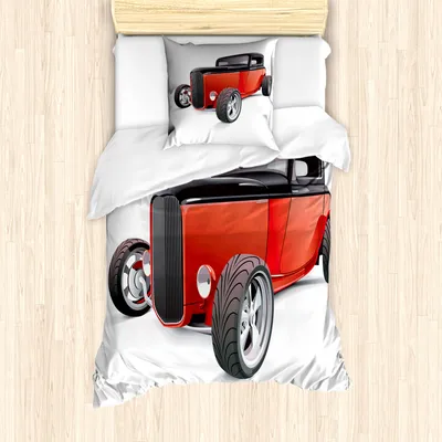 Produktbild von ABAKUHAUS Autos Mantele, Nostalgische amerikanische Räder, Milbensicher Allergiker geeignet mit Kissenbezügen, 135 cm x 200 cm - 80 x 80 cm, Rot Schwarz Weiß