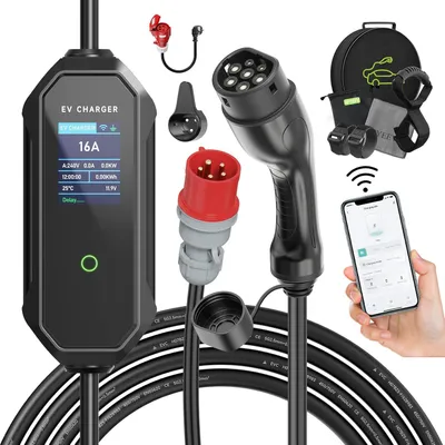 Image de Chargeur de véhicule électrique de type 2, 11 kW, 8-16A, triphasé. Câble de recharge pour voiture électrique de type 2, avec sac, longueur 7 mètres