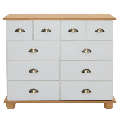 Produktbild von Schubladenschrank COLMAR Weiß/Natur - Apothekerschrank mit 8 Schubladen, Muschelgriffe aus Metall, Kiefer Massivholz, Kommode im Landhausstil für Flur oder Schlafzimmer