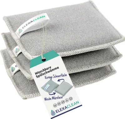 Produktbild von ELEXACLEAN Spülschwamm Topfreiniger Schwämme (3er Set, 12x10 cm, Grau) waschbar - zum wiederverwenden, mit Mikrofaser - Neu: Große Version
