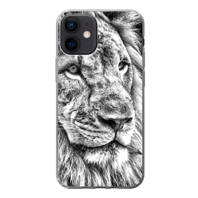 Produktbild von MuchoWow® Handyhülle Schutzhülle Hülle für iPhone 12 Porträt - Löwe - Schwarz und weiß Silikon Softcase Handy Hülle - Schutzhülle