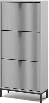 A tall, narrow shoe cabinet with three flip-down drawers, presented against a white background.