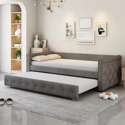 Obrázok produktu pre Čalúnená posteľ Fortuna Lai 90 x 200 cm, funkčná posteľ, detská posteľ, denná posteľ, rozkladacia pohovka, s výsuvným lôžkom, do obývačky, posteľná bielizeň (sivá)