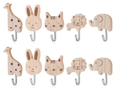 Immagine prodotto di 10 ganci a forma di animali in legno, adesivi, ideali per appendiabiti per bambini