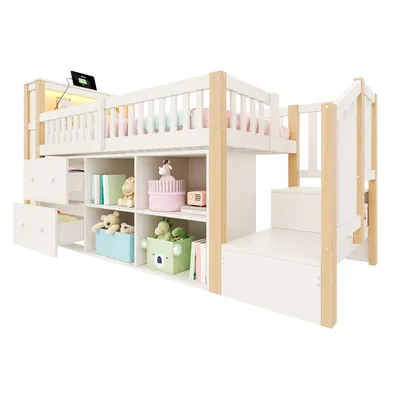 Produktbild von Hochbett mit RGB LED-Streifen, Stauraum, Lattenrost, Rausfallschutz, Treppe, 90x200cm, Kinderbett, Kiefer