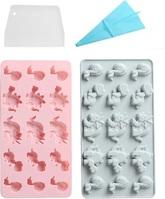 Obrázek produktu pro Dinosauří formy Silikonové dortové formy, 2 balení Roztomilý dinosaurus Cupcake formy pro děti Cartoon Dino čokoládové cukroví dorty na zdobení, s potrubím Bag a škrabkou