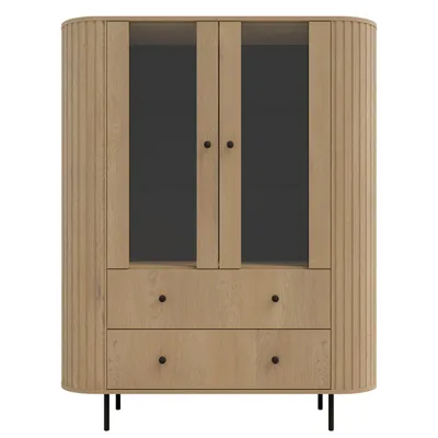 Produktbild von AX LIVING Vitrine Halay Eiche Cremona, 2 Türen & 2 Schubladen Moderne Rillenstruktur, mit runden Kanten