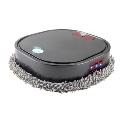 A robotic mop with a circular design, featuring a gray body and red accents. It has a light blue illuminated button and three small blue indicator lights on the side. The bottom of the robot is surrounded by a fluffy gray mop pad. The product is shown from