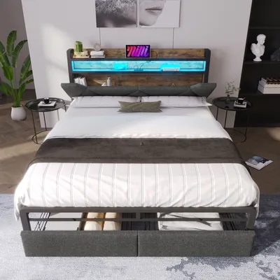 Image de OKWISH Lit avec rangement 140x200 cm - Lit double rembourré avec tiroirs et fonction de chargement USB - Lin - Sans Matelas - Gris