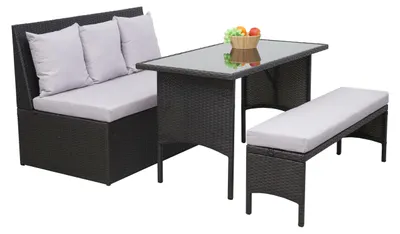 Produktbild von Poly-Rattan Garnitur HWC-G16, Garten-/Lounge-Set Sitzgruppe, Gastronomie 2er Sofa Tisch Bank  schwarz, Kissen hellgrau