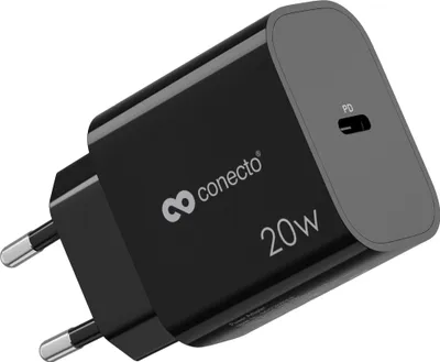 Produktbild von conecto USB-C Ladegerät, USB-Netzteil, 1 Port, 1x USB-C 20 Watt Max. PD, GaN Schnellladegerät, Handy-Ladegerät, automatische Ladestromerkennung, schwarz