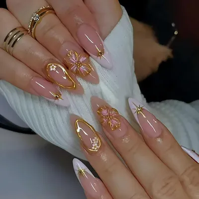 Produktbild von Künstliche Fingernägel zum Aufkleben, Mandel, French, 3D Blumen, Rosa, Stiletto, 24 Stück