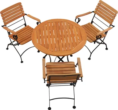 Produktbild von Bistro Sitzgruppe premium Teakholz 3 Armlehnstühlen + 1 Klapptisch rund 90 cm Balkonset aus Teakmöbeln mit Stahlgestell pulverbeschichtet