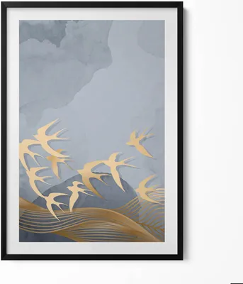 Produktbild von Illustration von fliegenden Vögeln– Wandbild mit Rahmen – Gerahmtes Bild  – Wanddekoration – 70x100 cm –  Schwarz Rahmen