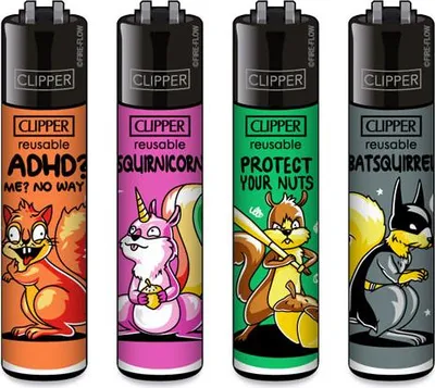 Produktbild von Clipper Reibrad Feuerzeuge Squirrels, 4 Stück