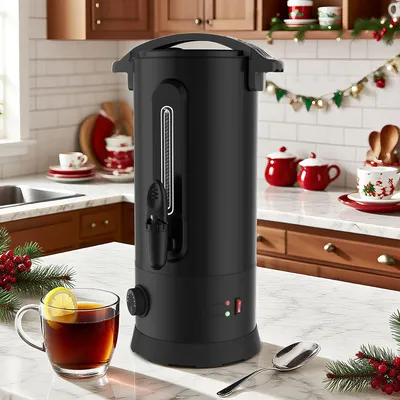 Obrázek produktu pro Eikuavons, ohřívač svařeného vína, objem 10 litrů, výkon 1500 W, černá barva, regulace teploty 30–100 °C, nerezová ocel, výtokový kohoutek, funkce udržování teploty, indikátor hladiny vody