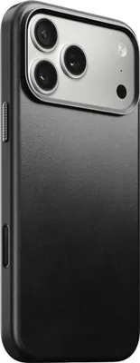 A black iPhone case with a silver camera module is shown from a diagonal angle.