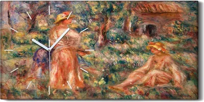 Produktbild von Leinwand Wanduhr Wandkunst Uhr 60x30 Malerei Wald Bäume Haus Dorfbewohner Kunst - weiße Hände