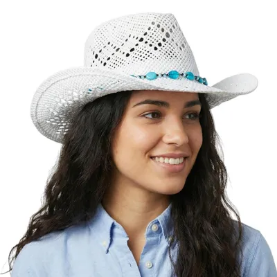 Produktbild von Cowboyhut Damen Stroh Weiß Einheitsgröße mit Perlenbesatz