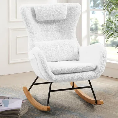 Produktbild von okwish Schaukelstuhl Sessel mit Metallgestell und Holzsockel, Schwingsessel Relaxstuhl mit Rückenlehne Wohnzimmer Polstersessel Schaukelsessel, Weiß