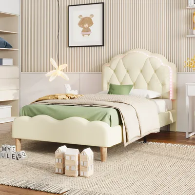 A child's bed in a bedroom setting.