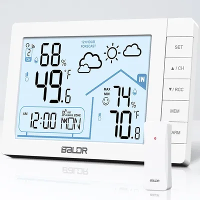 Produktbild von Funk-Wetterstation mit Außensensor, Thermometer & Hygrometer, 12-24h Wettervorhersage, Raumklima Monitor, LCD-Display, Tischaufstellung & Wandmontage