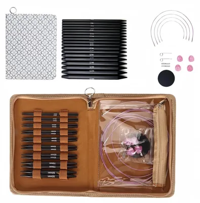 Produktbild von Set mit 32 austauschbaren Rundstricknadeln, 3 bis 6 mm, ergonomisch, mit Aufbewahrungstasche.