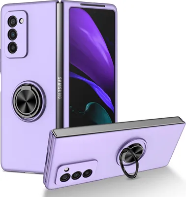 A purple Samsung Z Fold2 phone case with a ring holder is displayed from multiple angles against a white background.