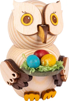 Produktbild von Drechslerei Kuhnert - Mini-Eulen aus Holz - mit Ostereiern - ca. 7 cm groß - als Dekoration oder Geschenk geeignet