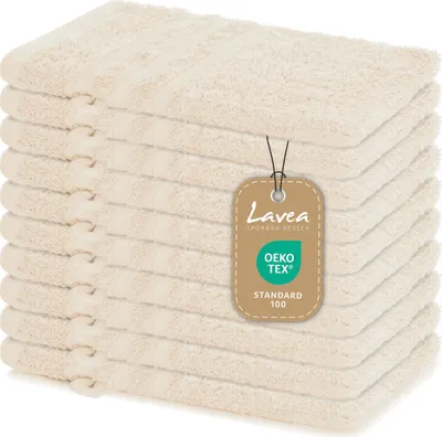 Produktbild von Lavea® 10er Set Waschhandschuh 15x21 cm – Saugstark Weich aus 100% Baumwolle, Frottierserie Elena – Waschbar und Strapazierfähig – Creme