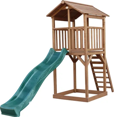 Produktbild von AXI Beach Tower Spielturm aus Holz in Braun | Spielhaus für Kinder mit grüner Rutsche und Sandkasten | Stelzenhaus für den Garten