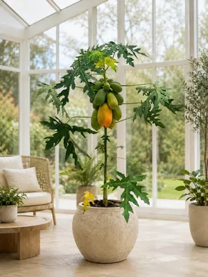 Productafbeelding van Papaya "Bisexual", ongeveer 120 cm – Carica papaya – Een exotische papajaboom, geschikt als tropische kamerplant en kuipplant, AI-gegenereerde afbeelding