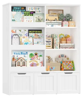 Produktbild von Kinderregal - Bücherregal und Spielzeugaufbewahrung - Schiebetür - 10 Fächer - 3 Rollschubladen - Holz - 120,5x100x37 cm - Weiß