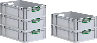 Produktbild von SuperSparSet 5x Eurobox NextGen Color | HxBxT 17x40x60cm | 34 Liter | Griffe grün offen | Glatter Boden | Grau | Eurobehälter, Transportbox, Transportbehälter, Stapelbehälter