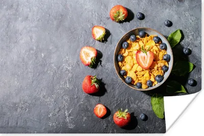 Produktbild von MuchoWow® Poster Erdbeere - Cornflakes - Beeren - Kräuter 120x80 cm - Bilder