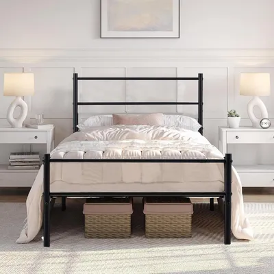 Image de Lit simple en métal noir avec sommier à lattes, adapté pour un matelas de 90 x 190 cm