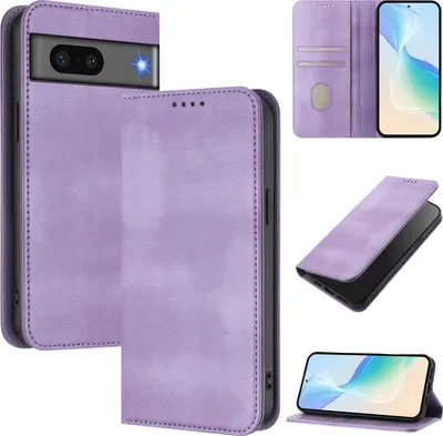 Produktbild von Handyhülle für Google Pixel 7, Vintage Leder RFID Schutz Kartenfach Standfunktion Magnetische Klapphülle Violett