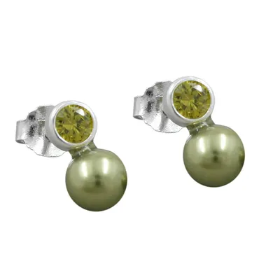 Produktbild von Ohrstecker Ohrring 7x4mm Zirkonia peridotfarbig Imitatperle olivgrün 925 silber 7x4mm