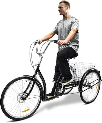 Produktbild von 26 Zoll Dreirad für Erwachsene, 3-Räder Fahrrad mit Einkaufskorb und Licht, Lastenfahrrad für Erwachsene & Senioren 6-Gang, 3-Rader Dreirad Fahrrad, Tragfähigkeit 120kg, Schwarz